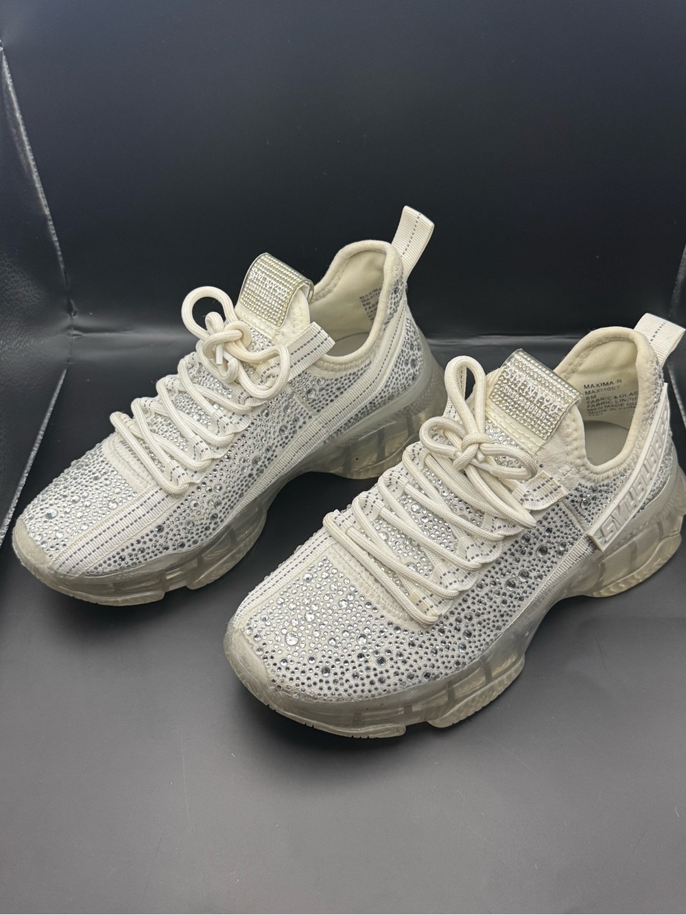 Steve Madden Maxima-R White Chunky Sneakers Silver Rhinestone Bling Women's 8M